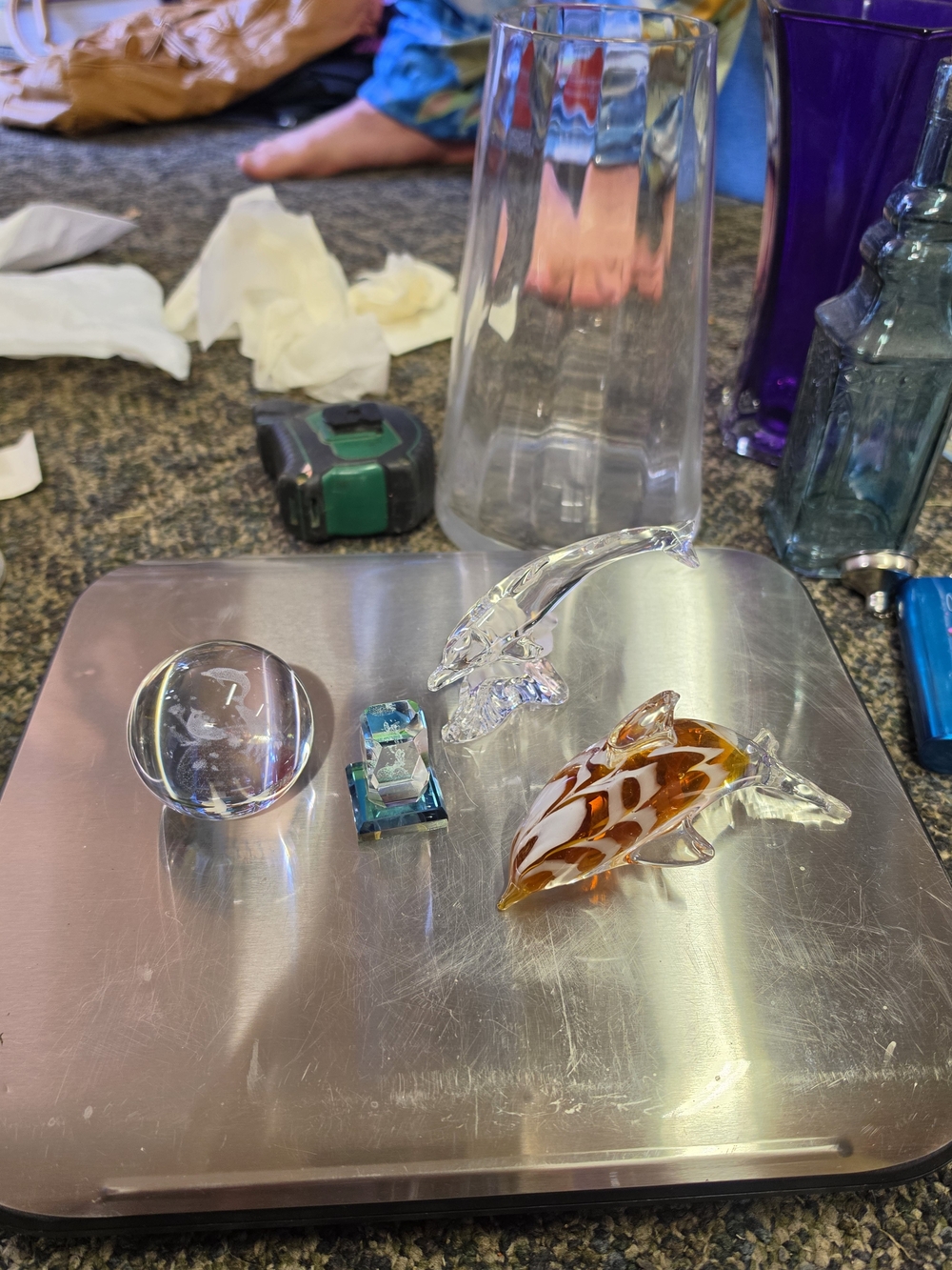 Glass Dolphin and Fish Ornament Set - Clear and Amber